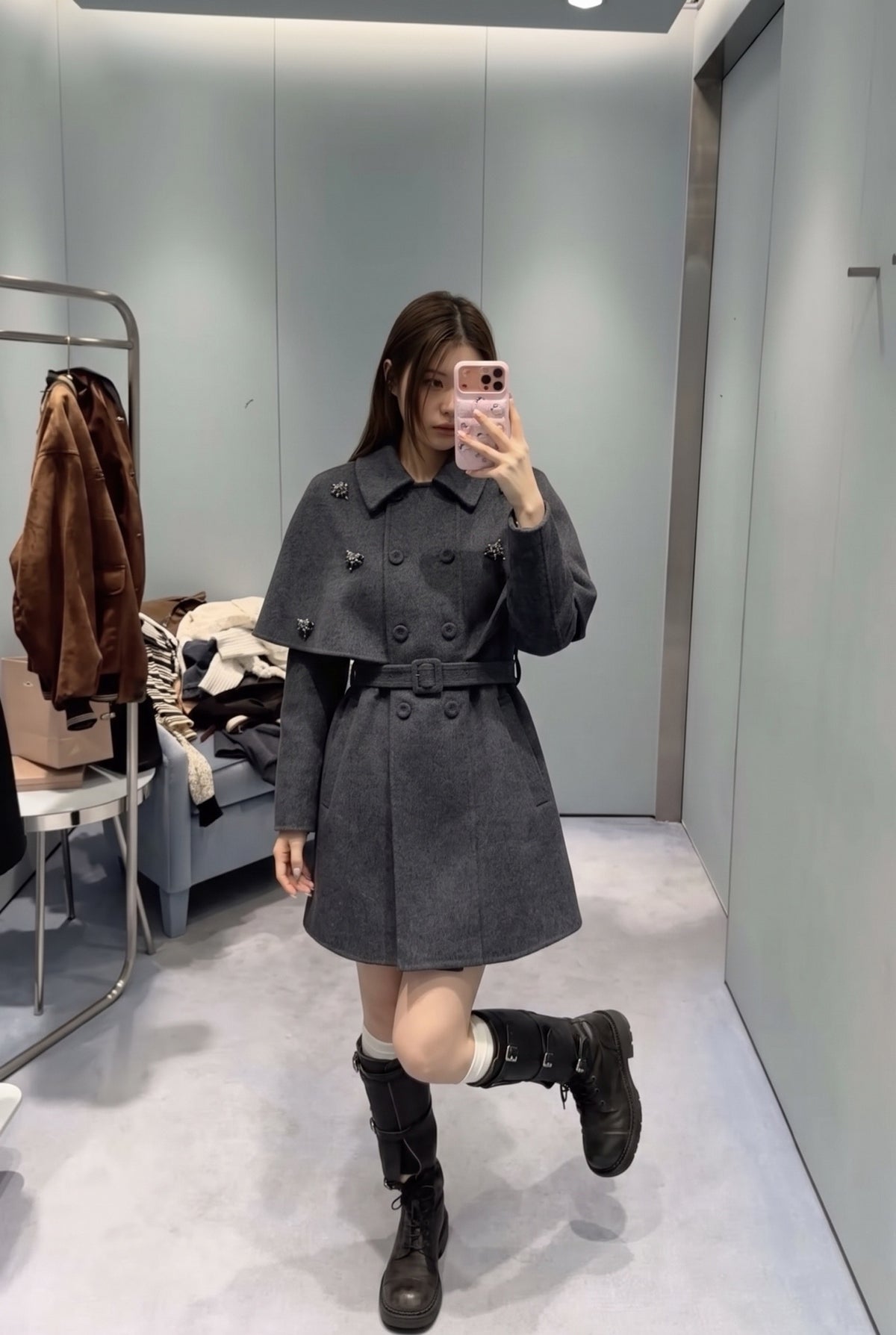26FW New: Grey Double-Faced Wool Coat with Faux-Cape Detail 🩶