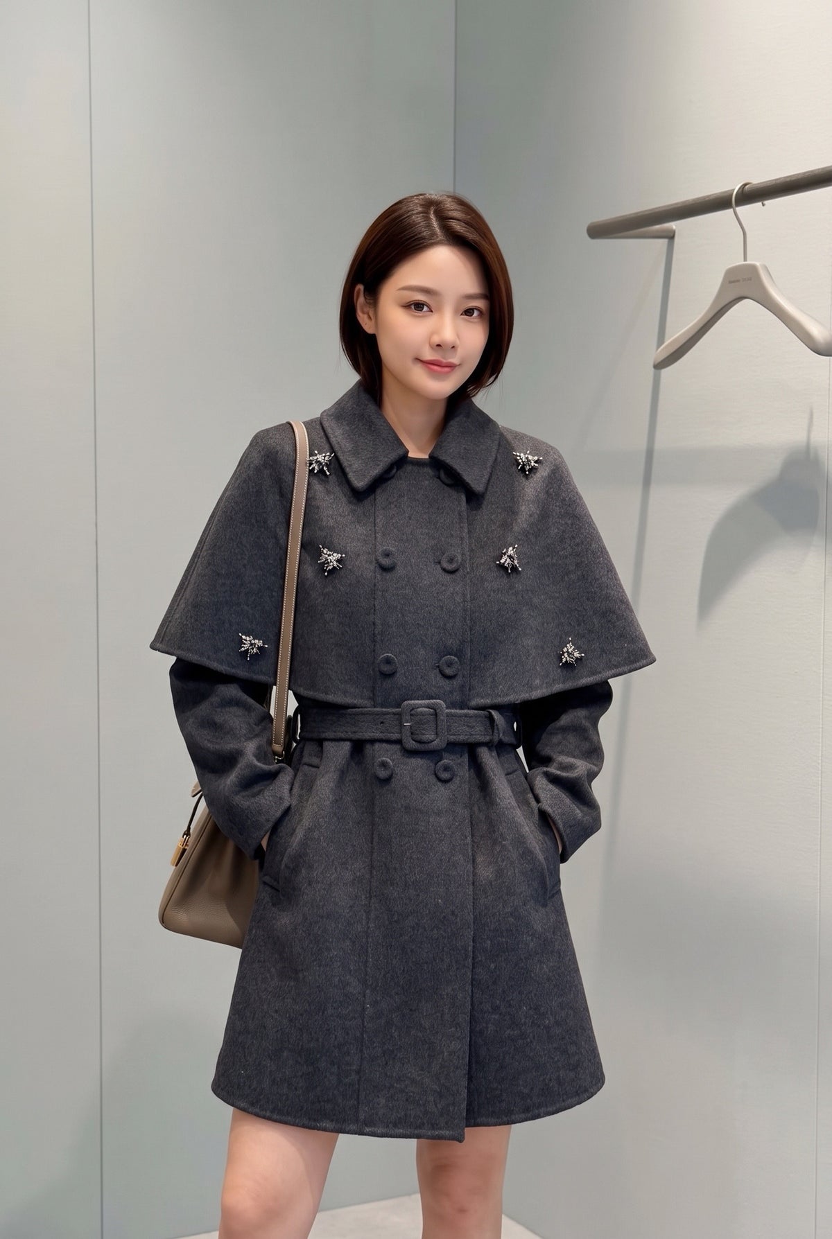 26FW New: Grey Double-Faced Wool Coat with Faux-Cape Detail 🩶