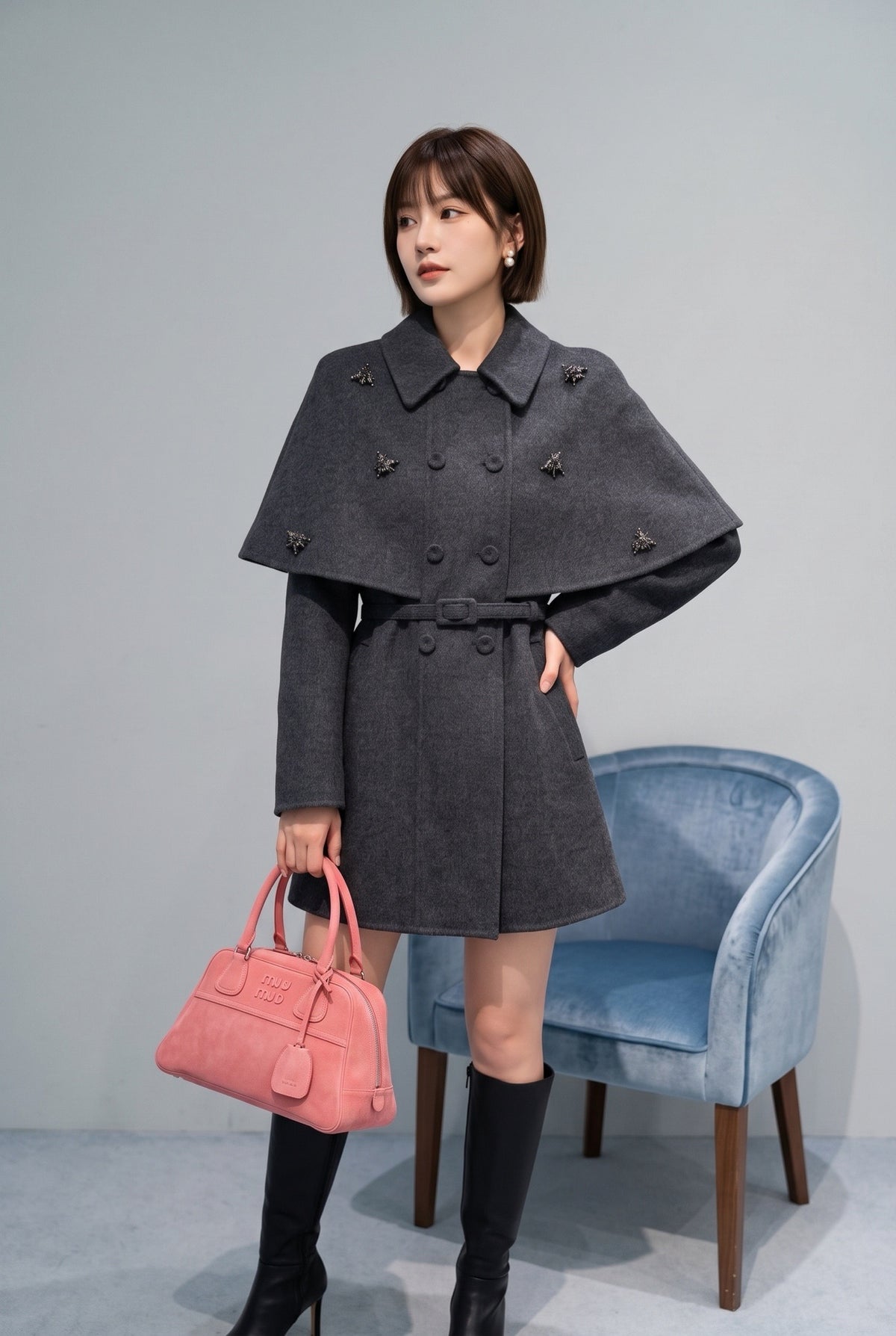 26FW New: Grey Double-Faced Wool Coat with Faux-Cape Detail 🩶