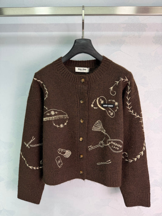 26FW New Hand-Painted Embroidery Crew-Neck Knit Cardigan
