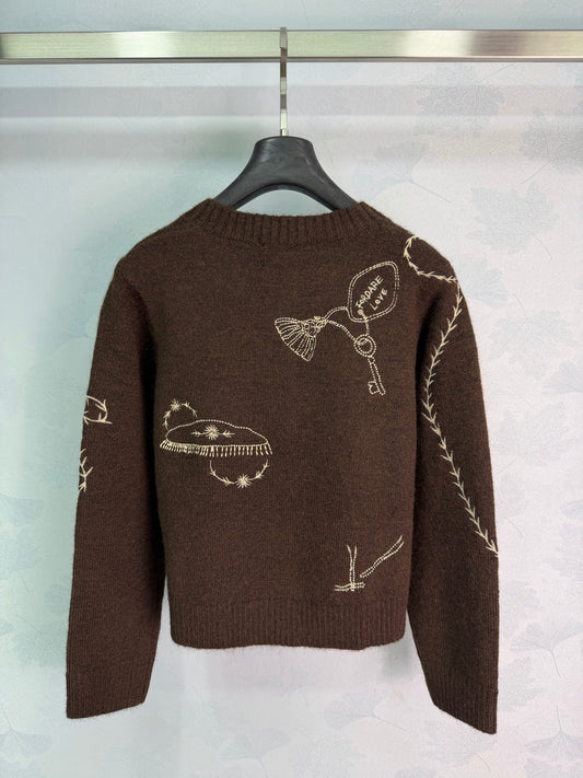 26FW New Hand-Painted Embroidery Crew-Neck Knit Cardigan