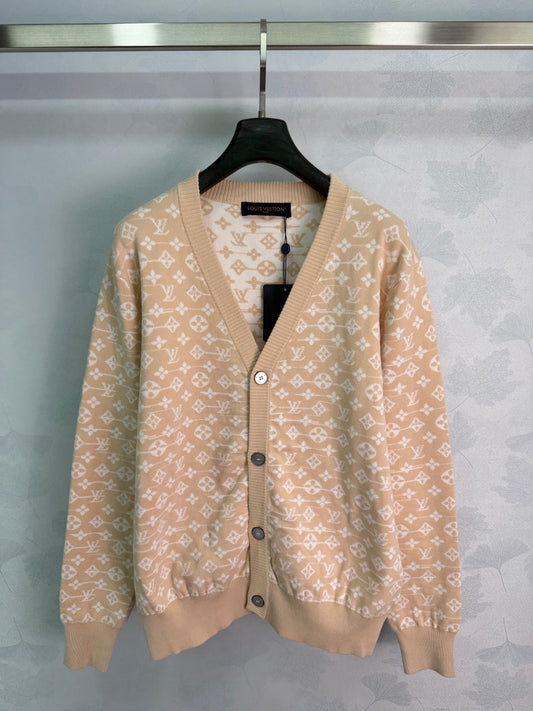 26FW New V-Neck Knit Cardigan with All-Over Monogram Print