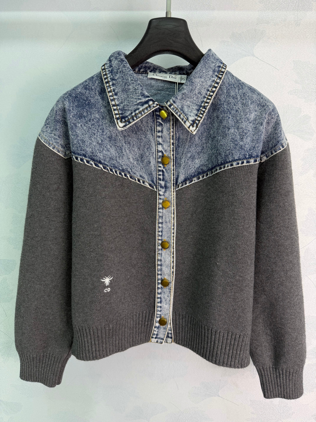 26FW New Denim-Paneled Knit Collared Cropped Jacket