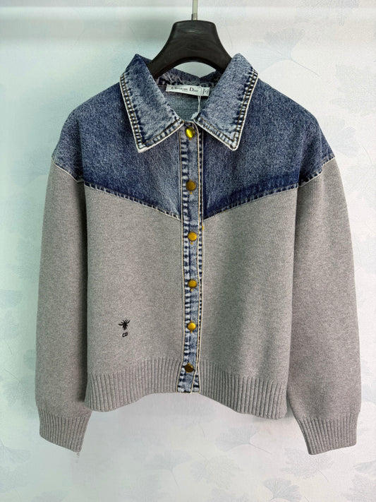 26FW New Denim-Paneled Knit Collared Cropped Jacket