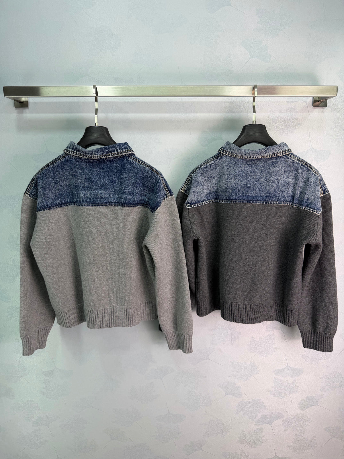 26FW New Denim-Paneled Knit Collared Cropped Jacket