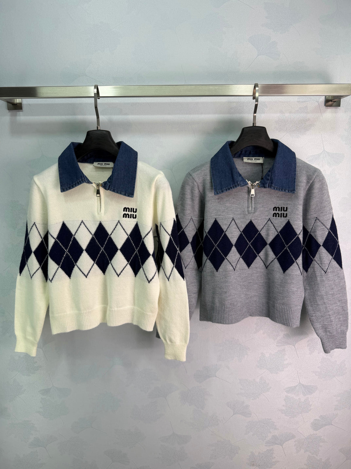 26FW New Long-Sleeve Sweater with Denim-Panel Collar