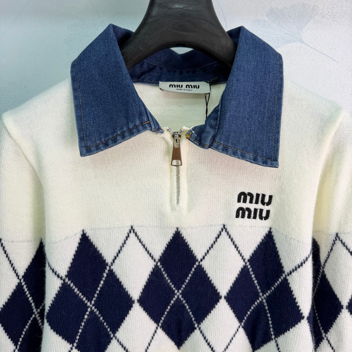 26FW New Long-Sleeve Sweater with Denim-Panel Collar