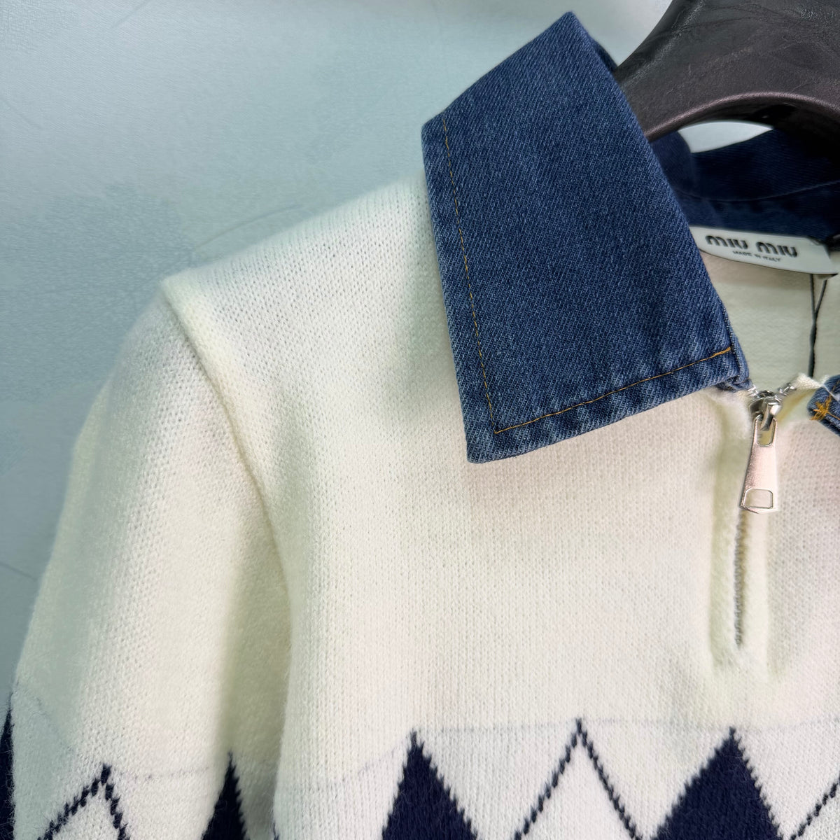 26FW New Long-Sleeve Sweater with Denim-Panel Collar