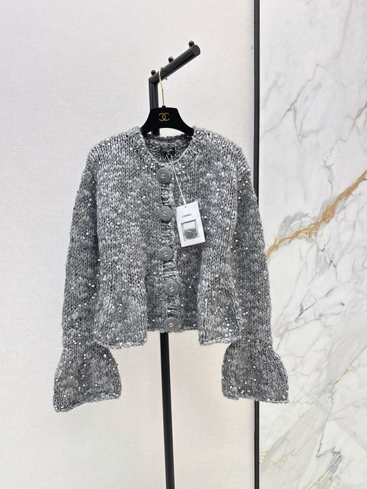26FW New Sequin-Yarn Crew-Neck Knitted Cardigan 🩶