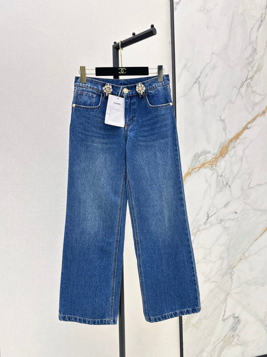 26FW New Denim Jeans with Rhinestone and Metal Embellishments 🩵