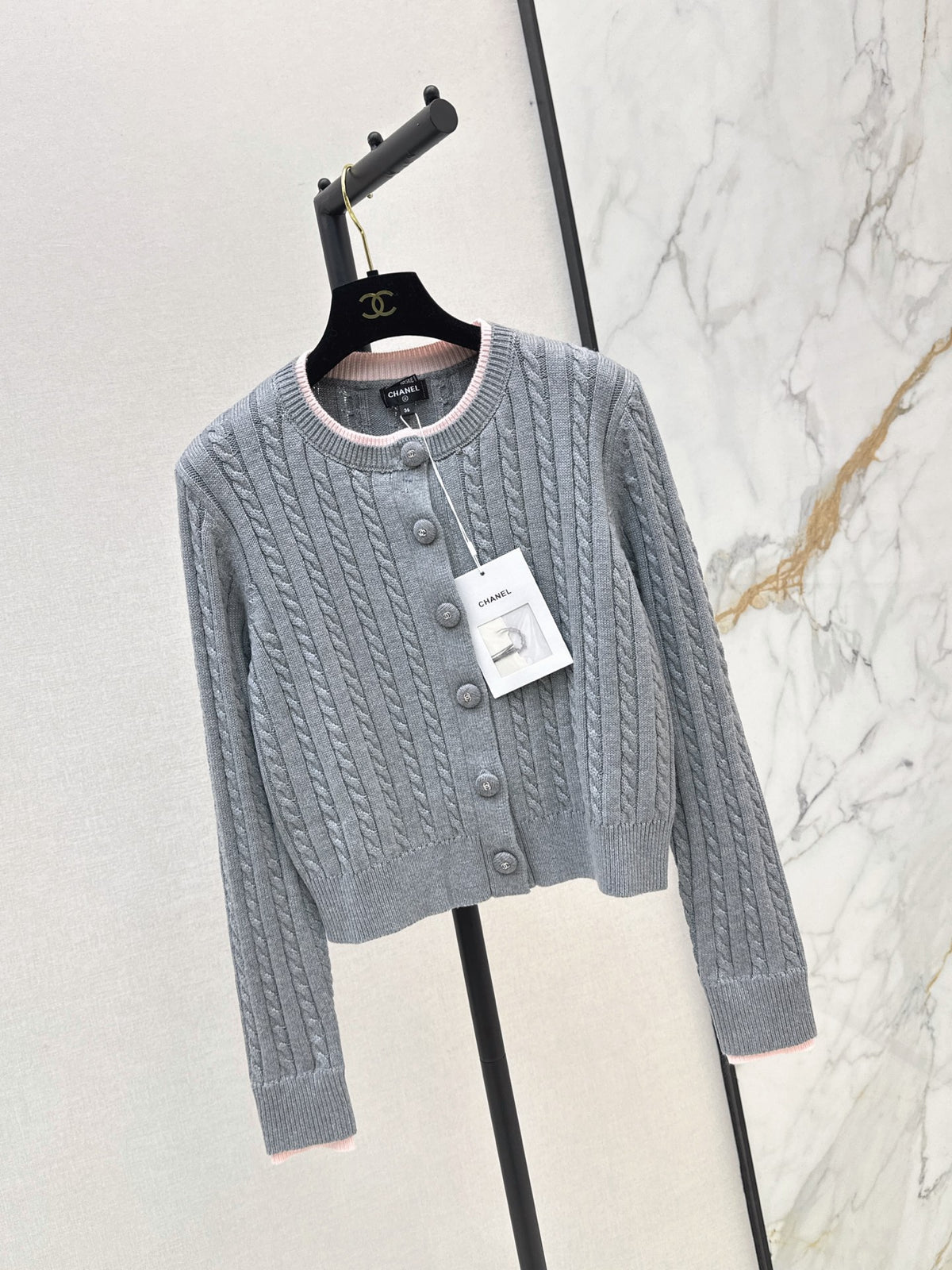 26FW New Cable-Knit Cardigan in Grey & Pink Colorblock 🩶