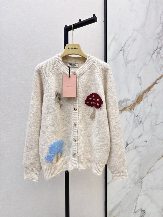 26FW New Mushroom-Motif Crew-Neck Oversized Cardigan 🤍🩶🤎