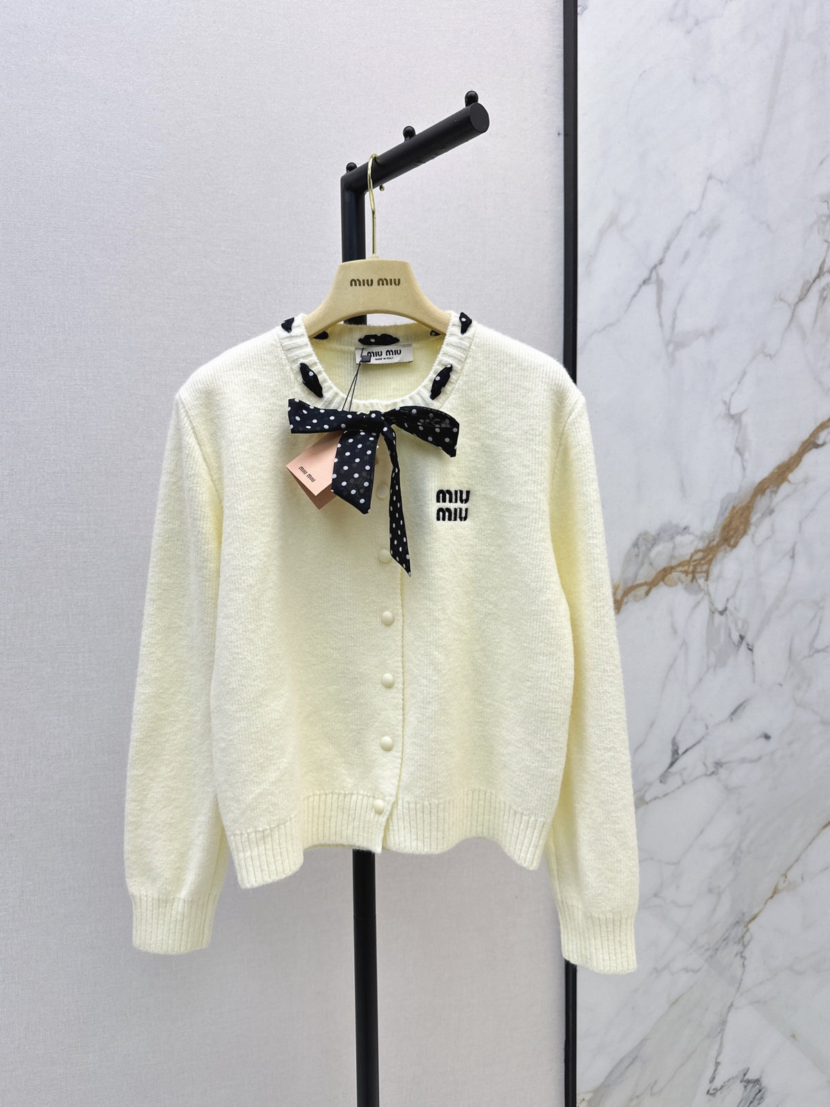 🎄Xmas🎄26FW New Polka-Dot Silk-Scarf-Detail Crewneck Cardigan 🤍❤️