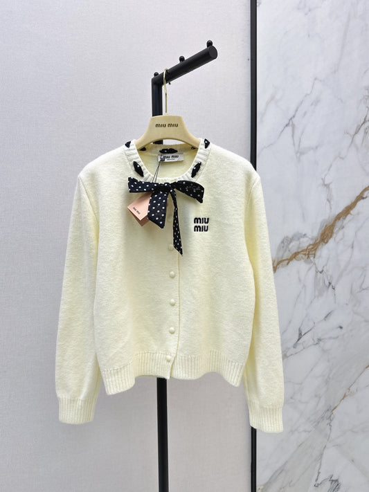 🎄Xmas🎄26FW New Polka-Dot Silk-Scarf-Detail Crewneck Cardigan 🤍❤️