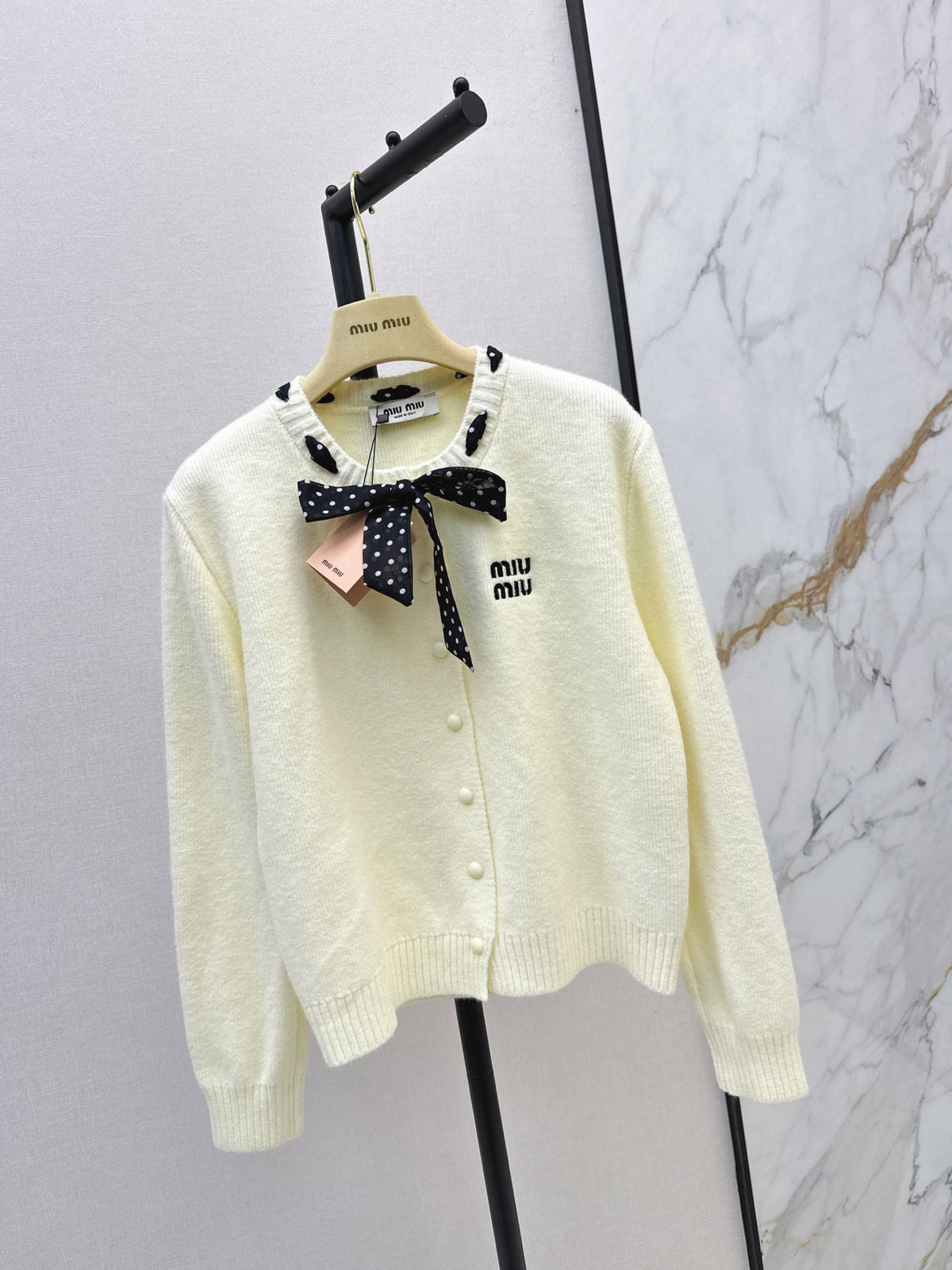 🎄Xmas🎄26FW New Polka-Dot Silk-Scarf-Detail Crewneck Cardigan 🤍❤️