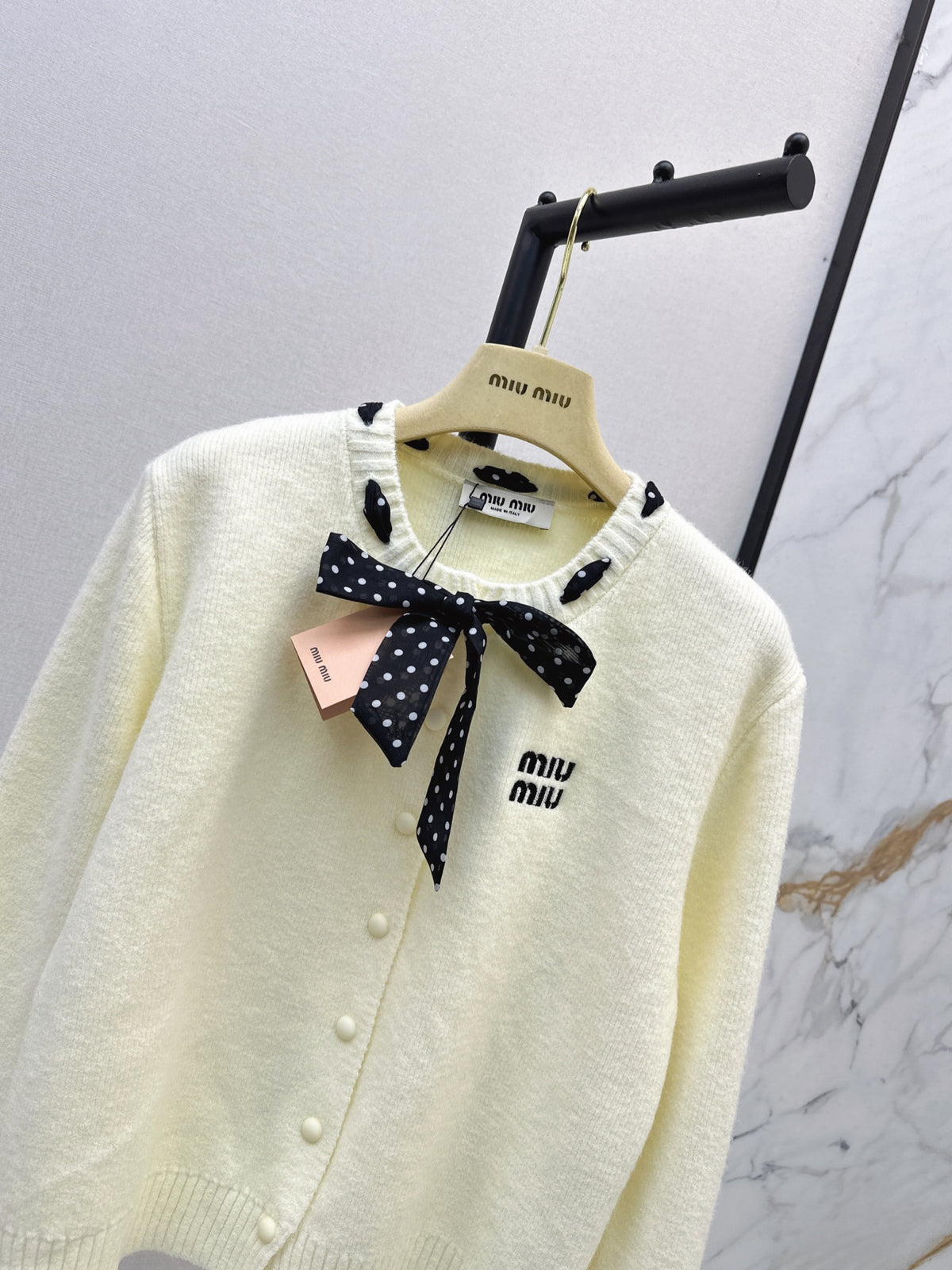 🎄Xmas🎄26FW New Polka-Dot Silk-Scarf-Detail Crewneck Cardigan 🤍❤️