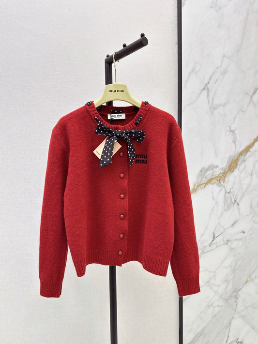 🎄Xmas🎄26FW New Polka-Dot Silk-Scarf-Detail Crewneck Cardigan 🤍❤️