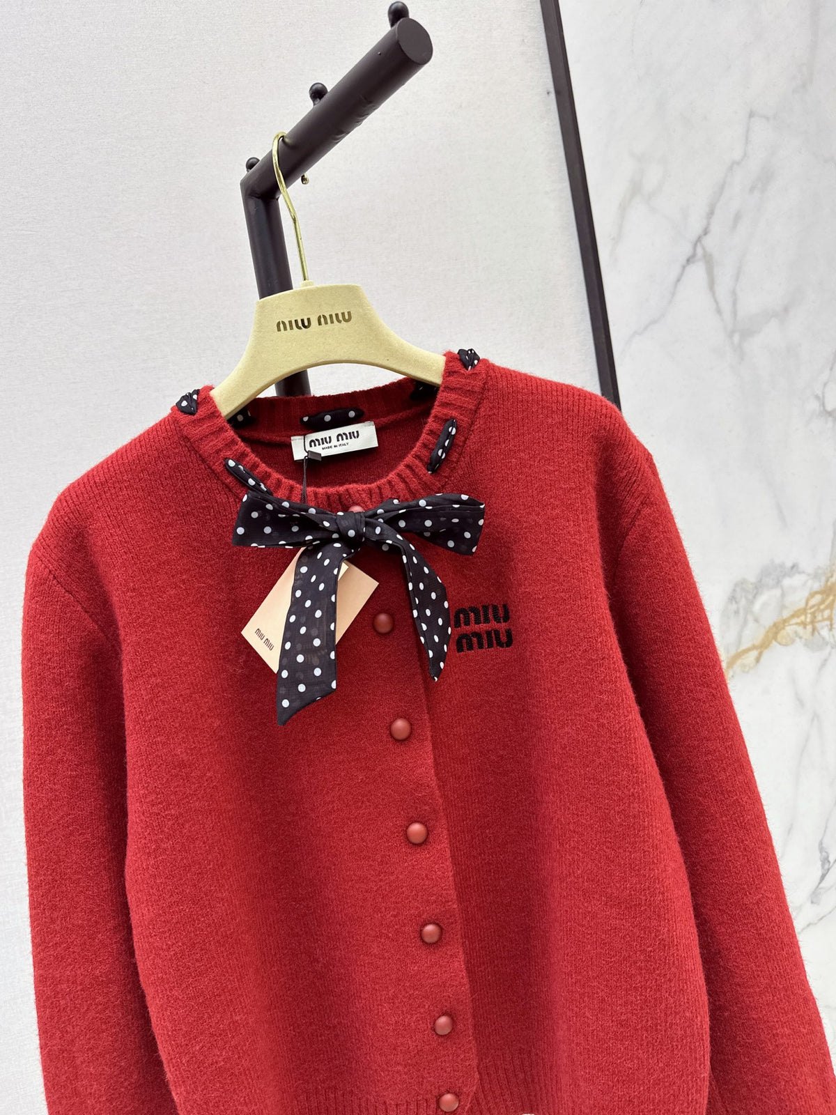 🎄Xmas🎄26FW New Polka-Dot Silk-Scarf-Detail Crewneck Cardigan 🤍❤️