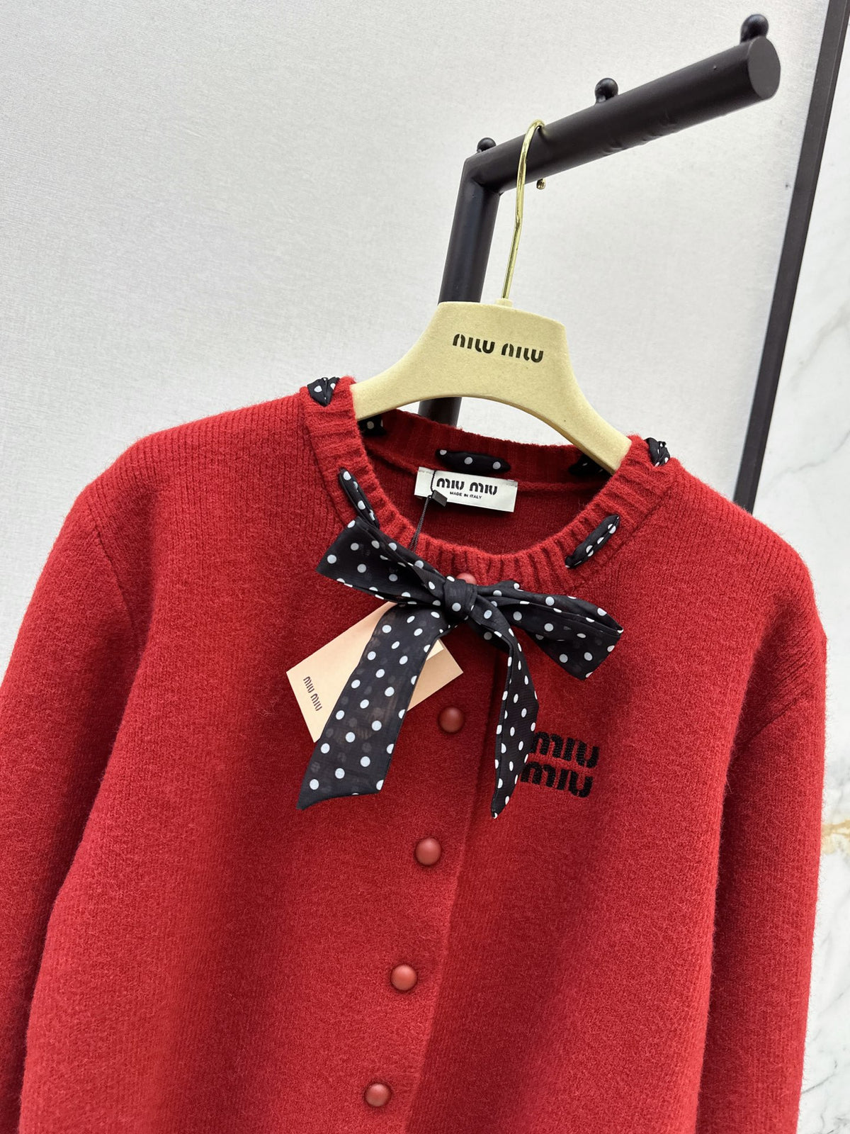 🎄Xmas🎄26FW New Polka-Dot Silk-Scarf-Detail Crewneck Cardigan 🤍❤️