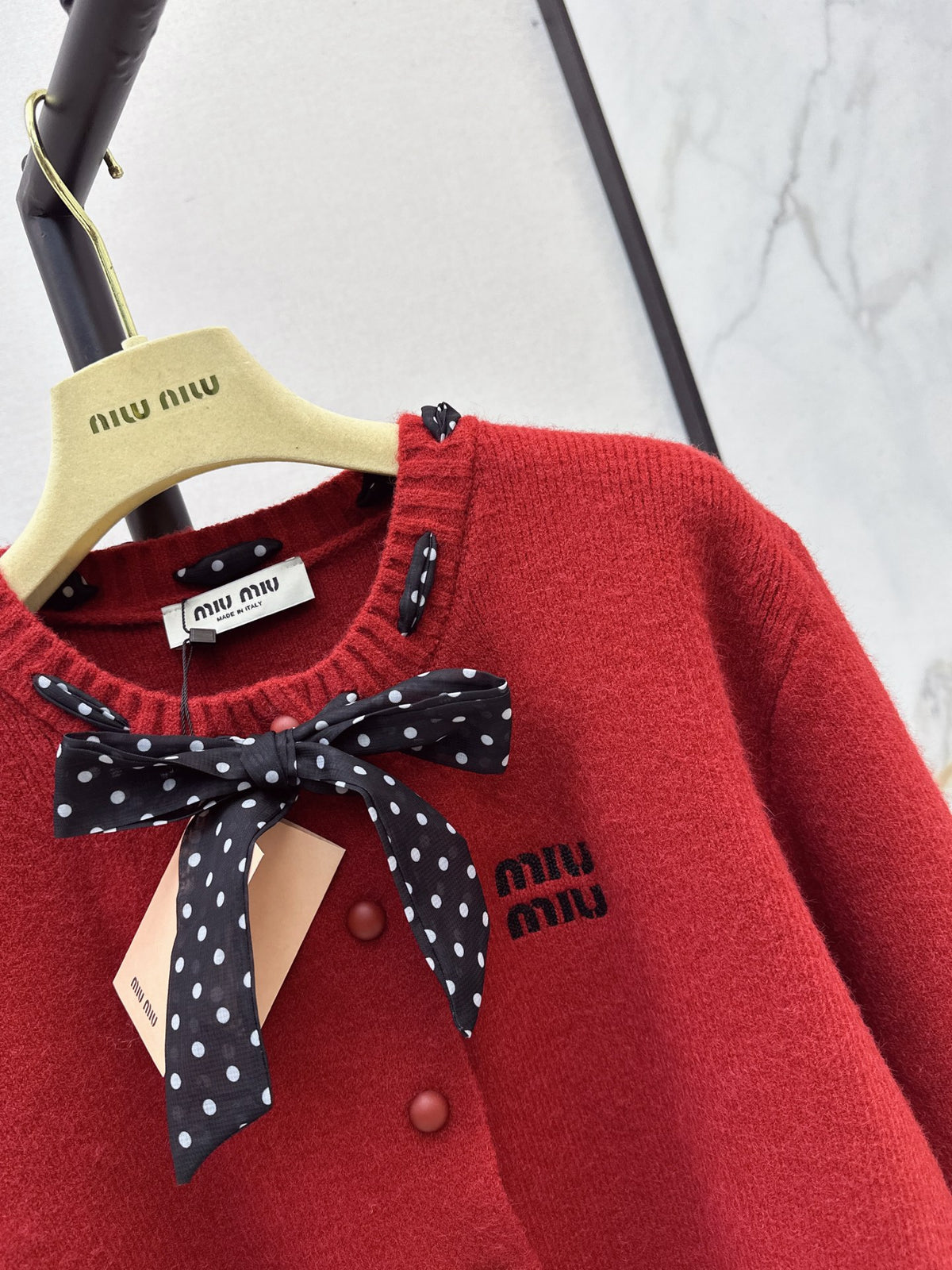 🎄Xmas🎄26FW New Polka-Dot Silk-Scarf-Detail Crewneck Cardigan 🤍❤️
